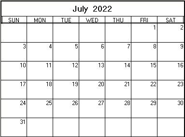printable blank calendar image for July 2022