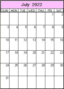 printable blank calendar image for July 2022