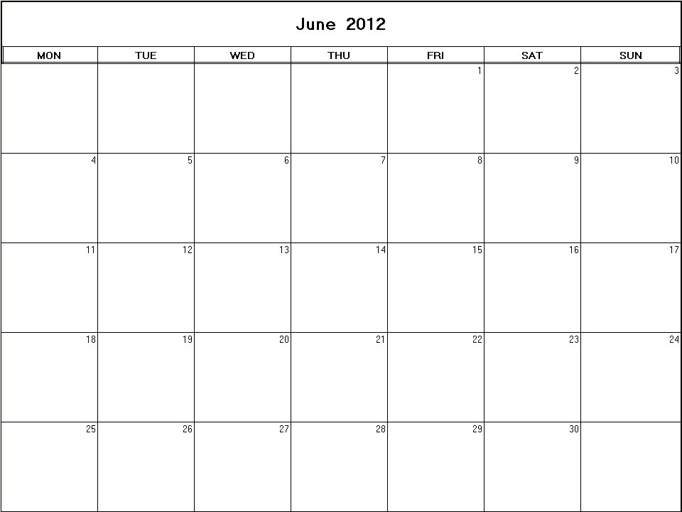 printable blank calendar image for June 2012