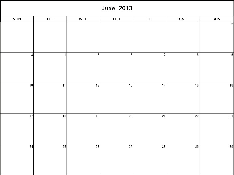 printable blank calendar image for June 2013