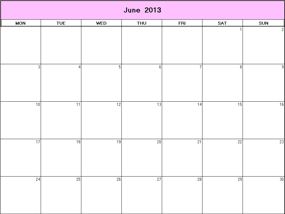 printable blank calendar image for June 2013
