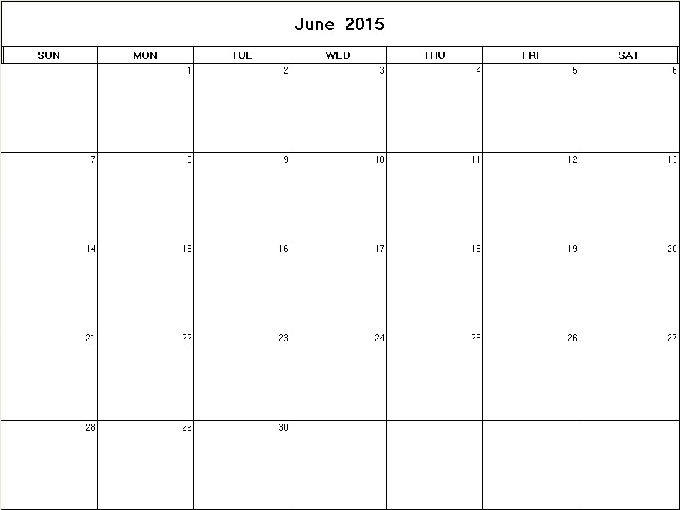 printable blank calendar image for June 2015