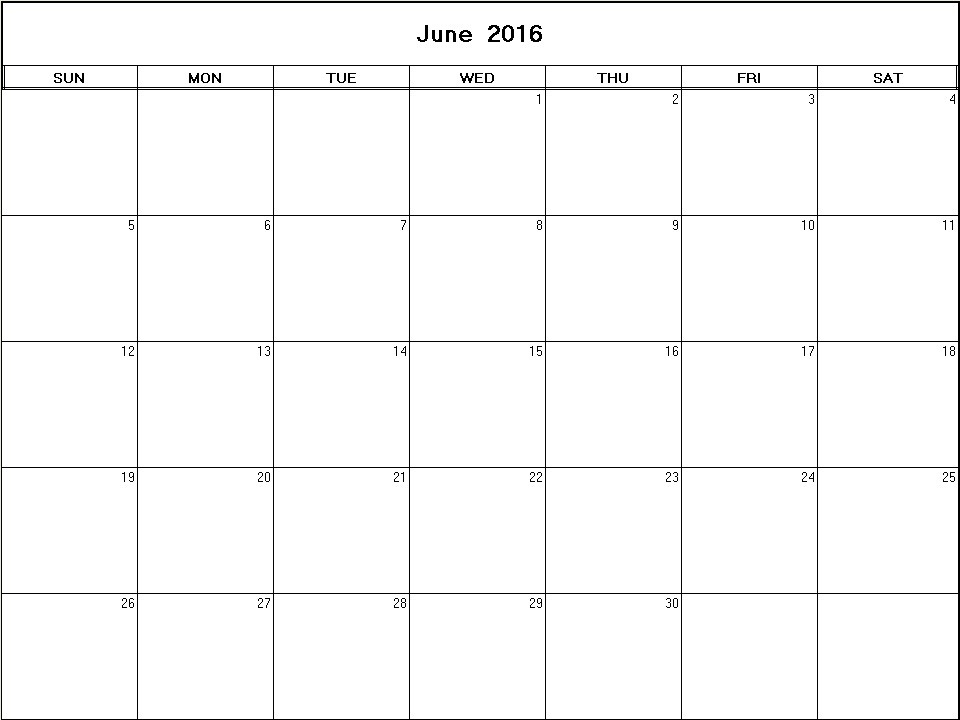 printable blank calendar image for June 2016