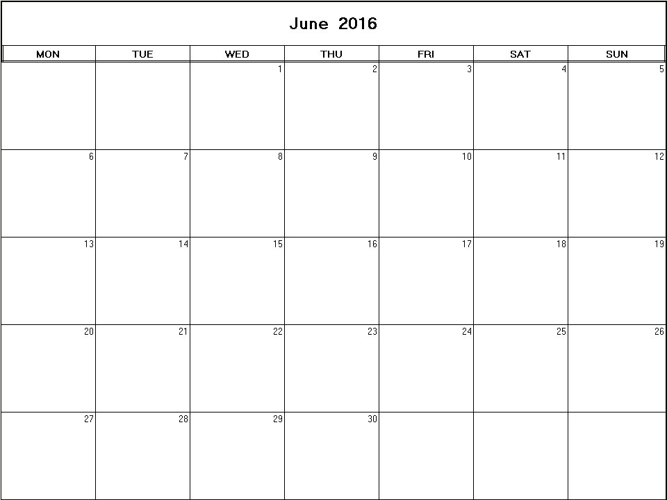 printable blank calendar image for June 2016