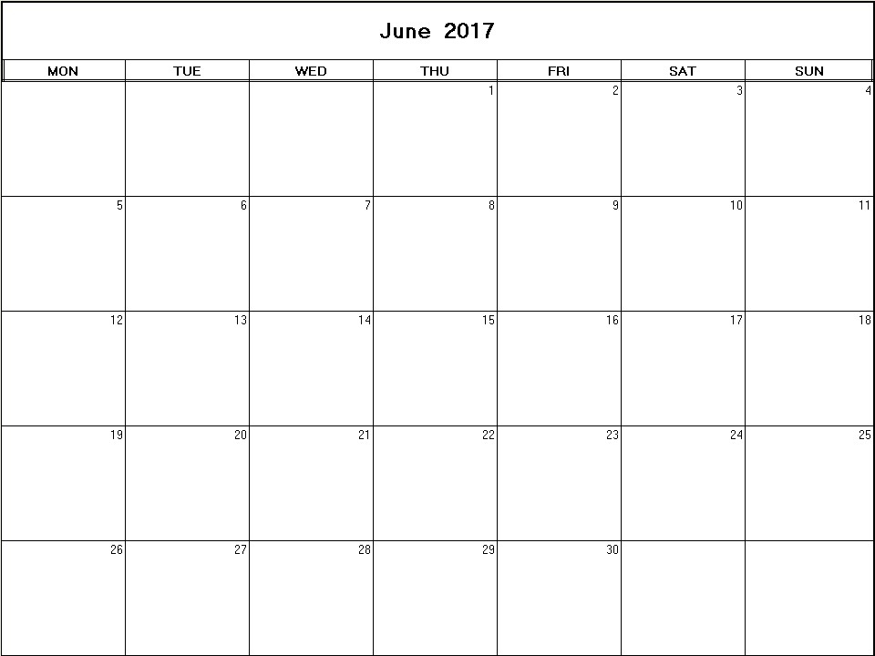 printable blank calendar image for June 2017