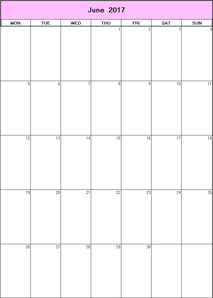 printable blank calendar image for June 2017