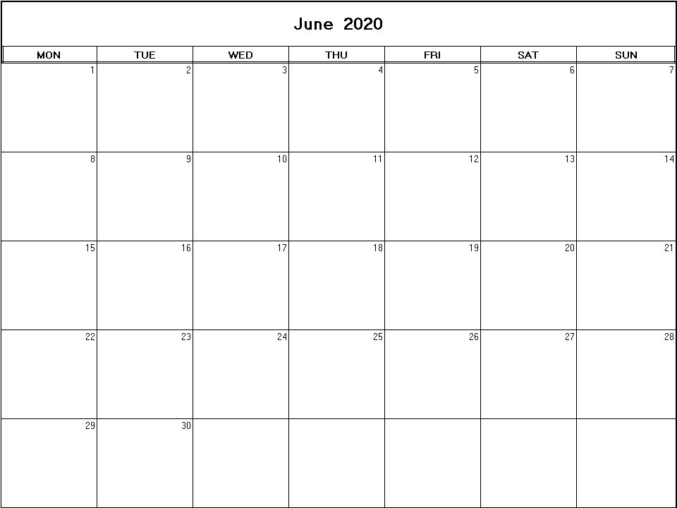 printable blank calendar image for June 2020