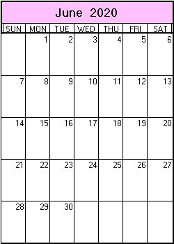 printable blank calendar image for June 2020