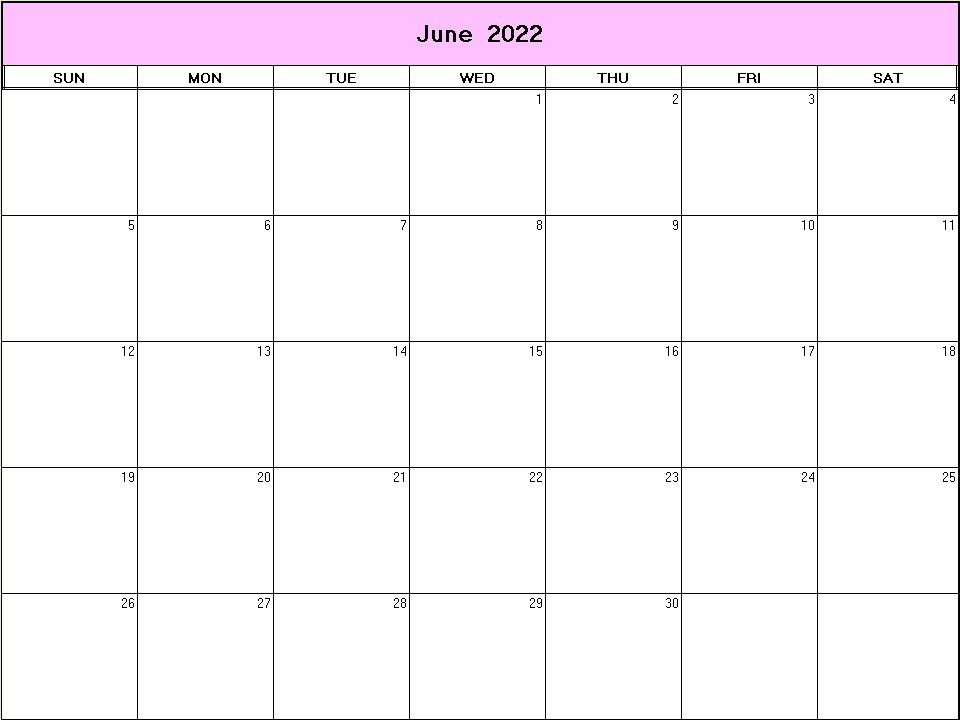 printable blank calendar image for June 2022