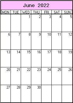 printable blank calendar image for June 2022