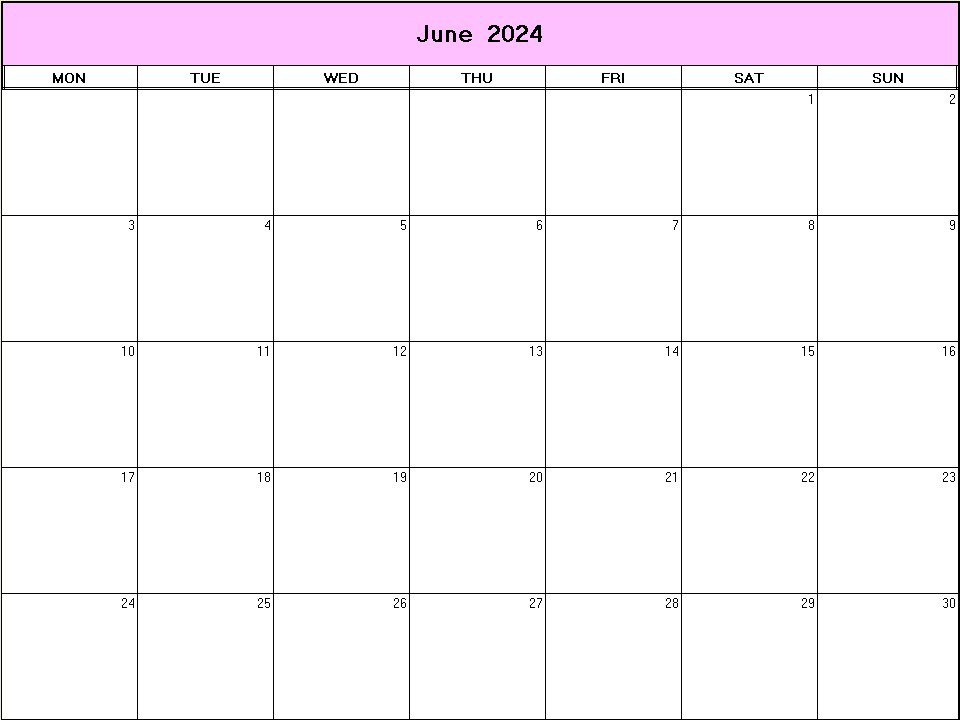 printable blank calendar image for June 2024