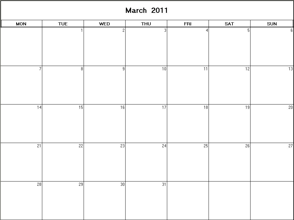 blank 2011 monthly calendar printable. Free Monthly Blank Calendar