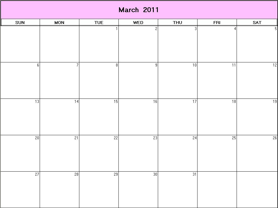 printable blank calendar image for March 2011