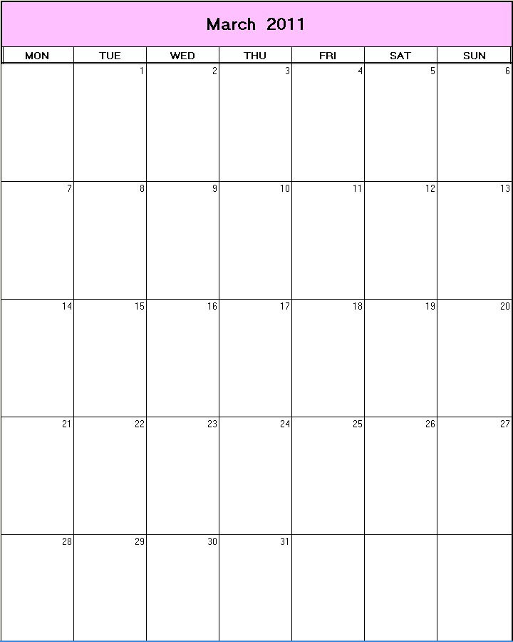 printable blank calendar image for March 2011