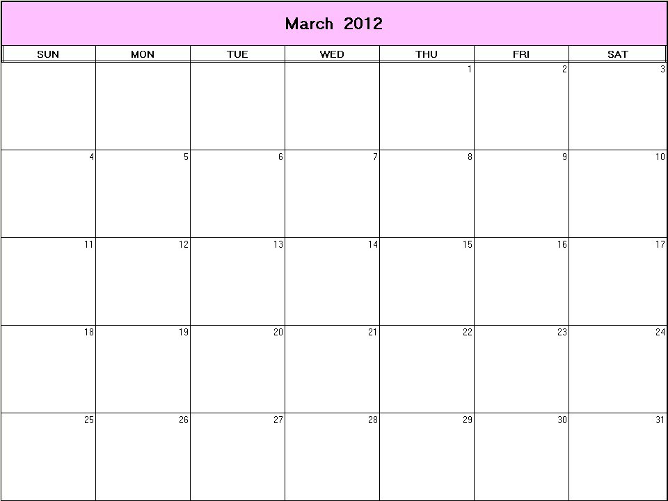 printable blank calendar image for March 2012