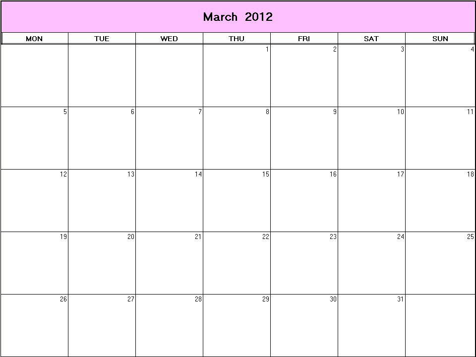 printable blank calendar image for March 2012