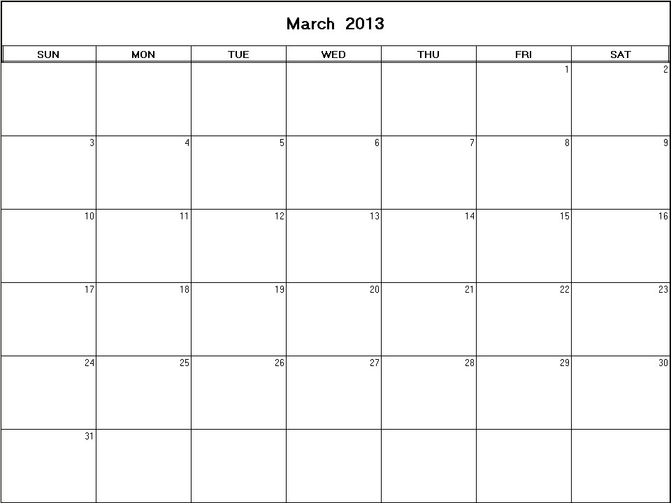 printable blank calendar image for March 2013