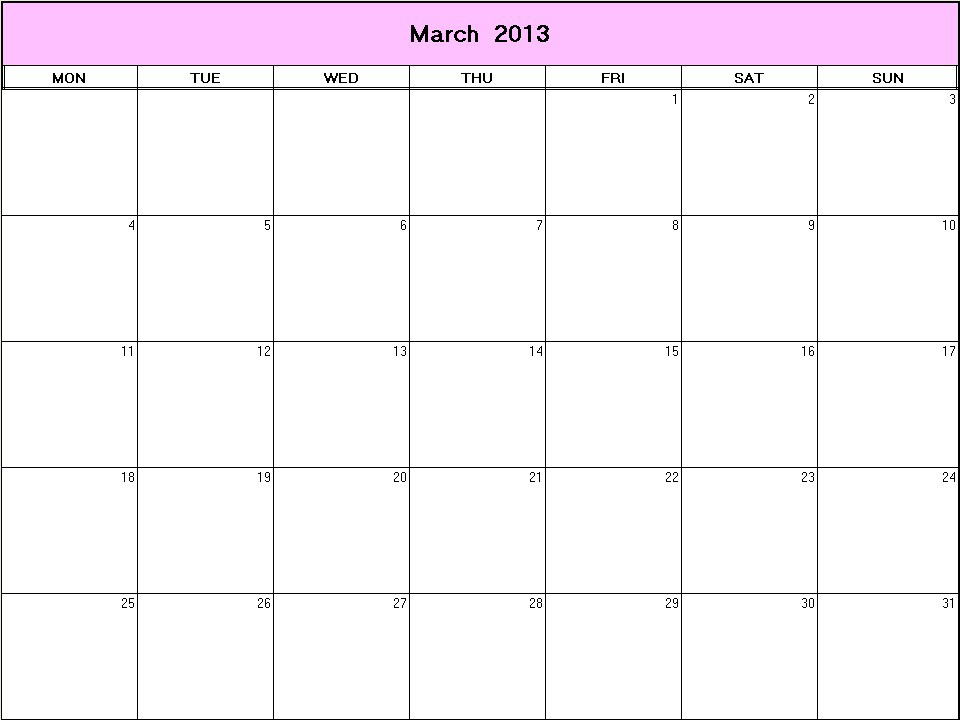 printable blank calendar image for March 2013