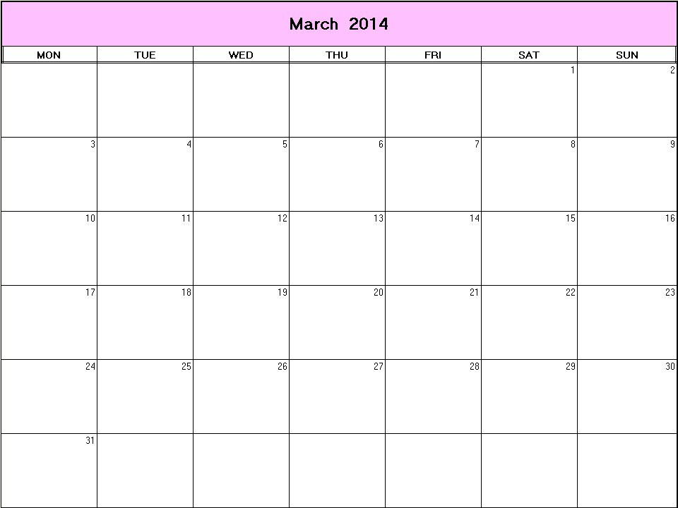 printable blank calendar image for March 2014