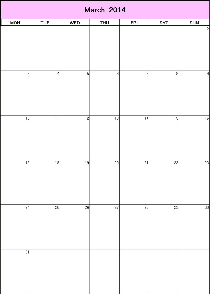 printable blank calendar image for March 2014