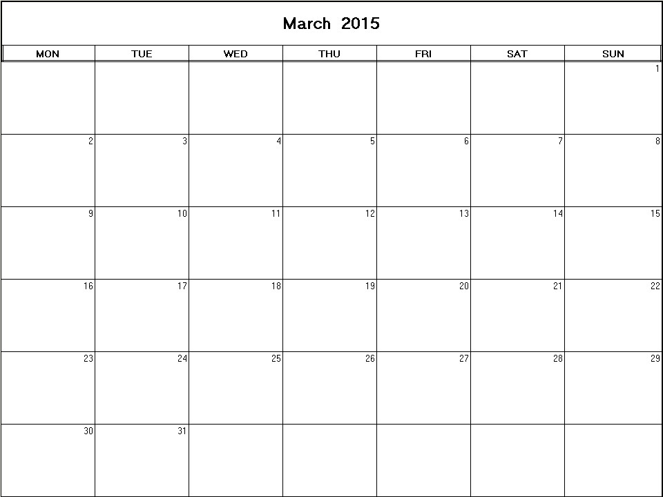 printable blank calendar image for March 2015