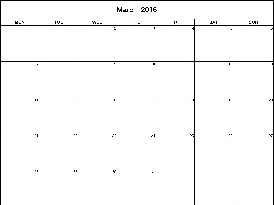 printable blank calendar image for March 2016