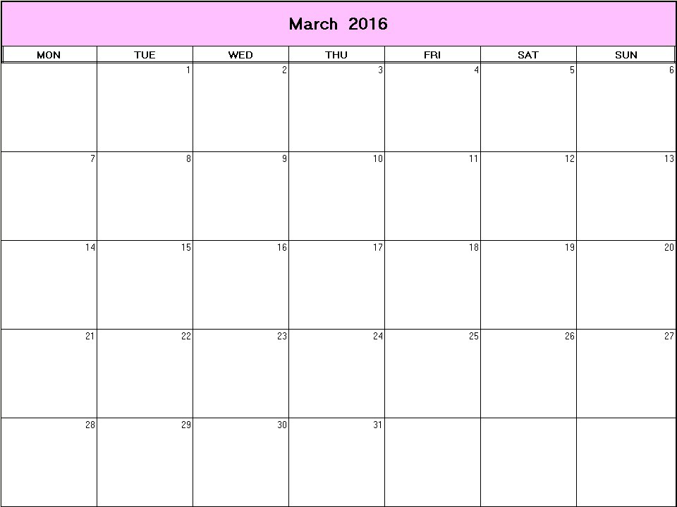 printable blank calendar image for March 2016