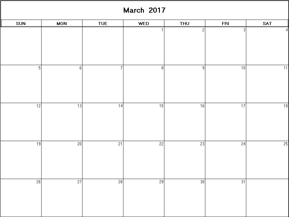printable blank calendar image for March 2017
