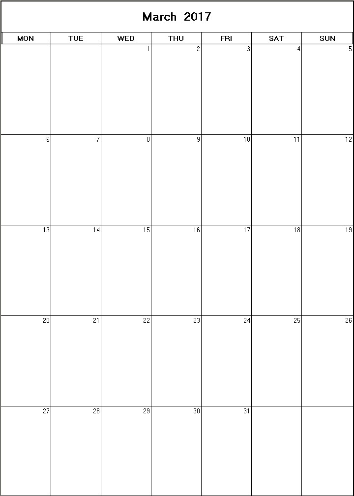 printable blank calendar image for March 2017