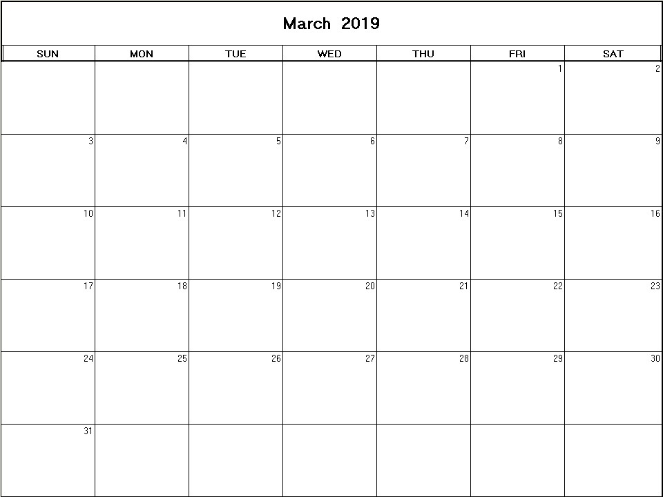 printable blank calendar image for March 2019