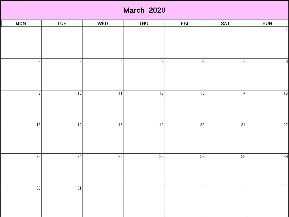printable blank calendar image for March 2020