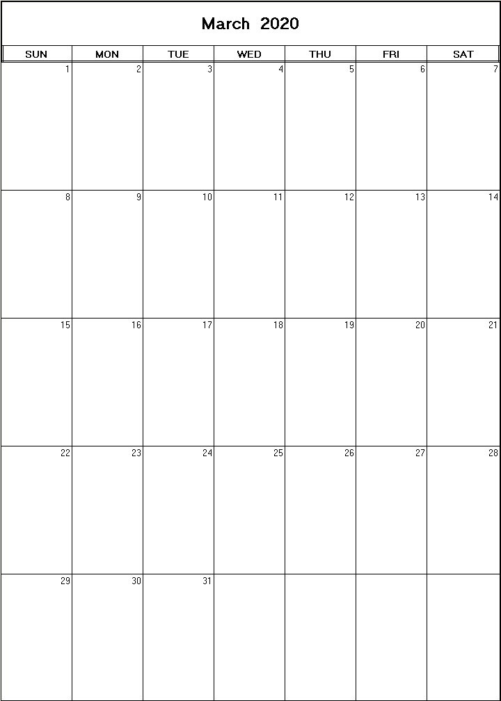 printable blank calendar image for March 2020