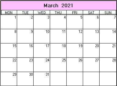 printable blank calendar image for March 2021
