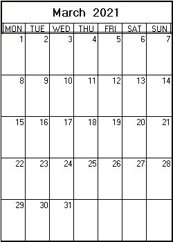 printable blank calendar image for March 2021