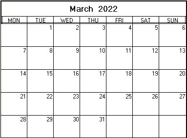 printable blank calendar image for March 2022