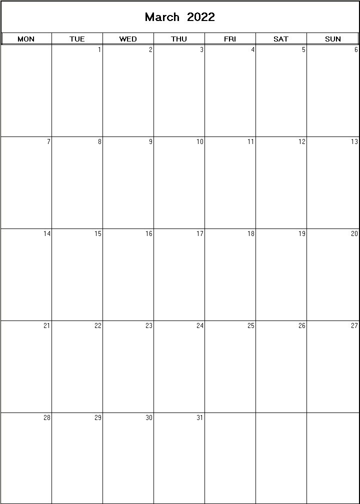 printable blank calendar image for March 2022