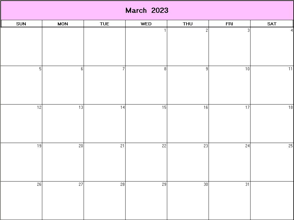 printable blank calendar image for March 2023
