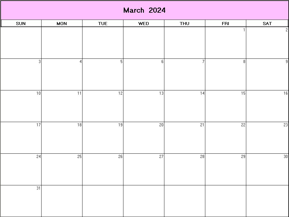printable blank calendar image for March 2024