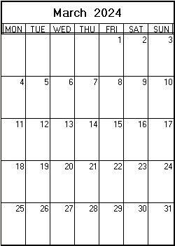 printable blank calendar image for March 2024