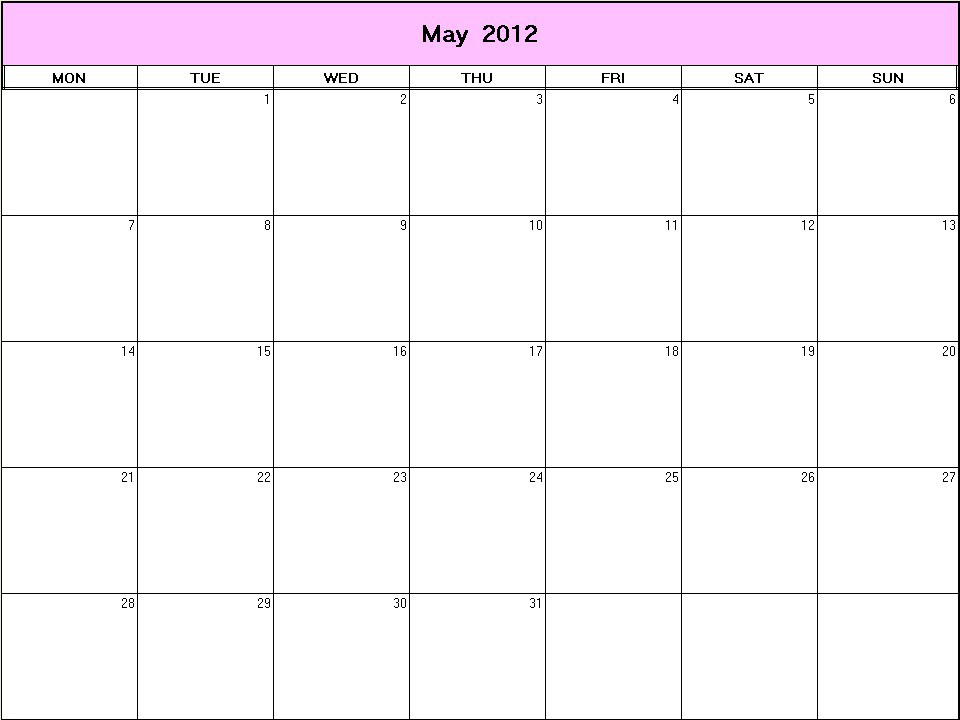printable blank calendar image for May 2012