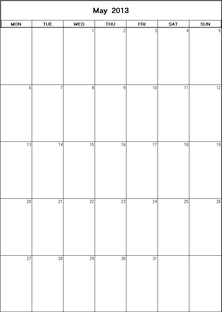 printable blank calendar image for May 2013