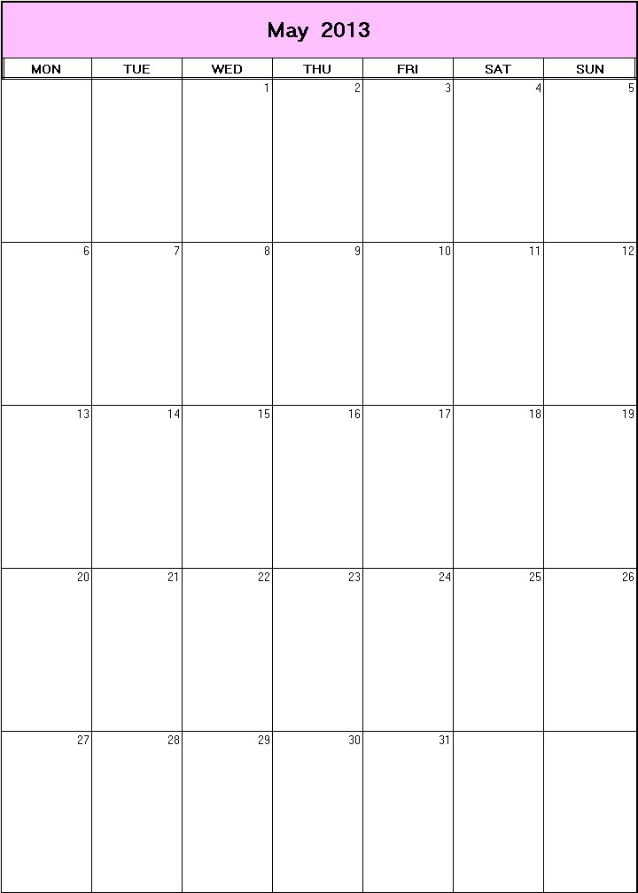 printable blank calendar image for May 2013