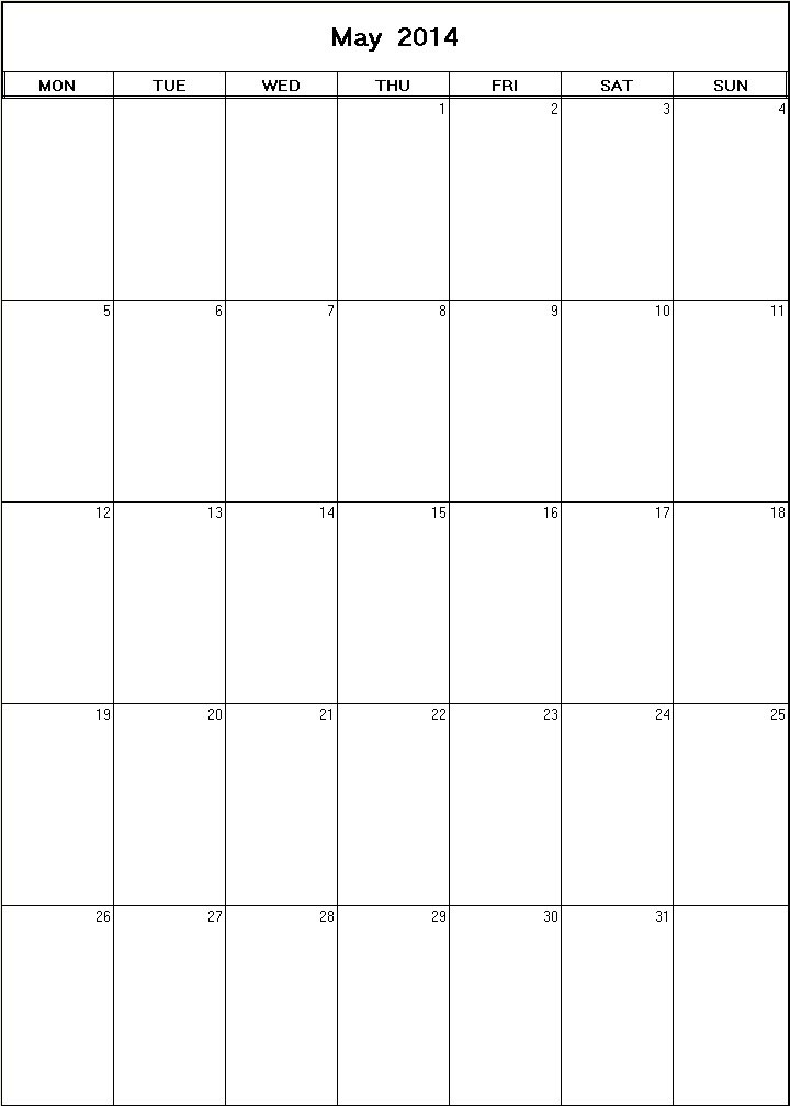 printable blank calendar image for May 2014