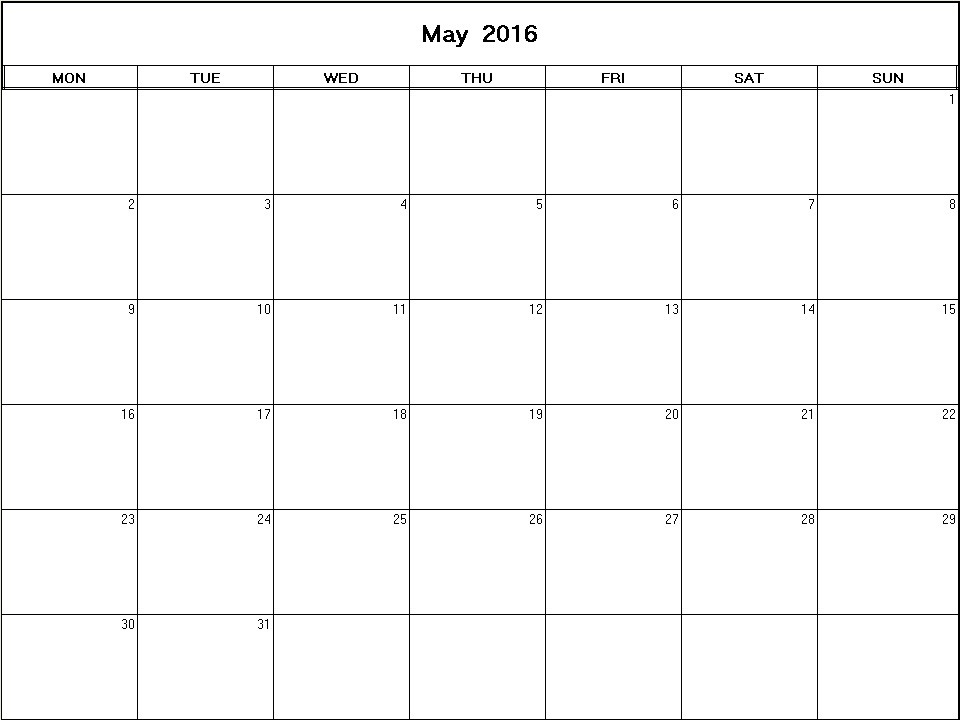 printable blank calendar image for May 2016