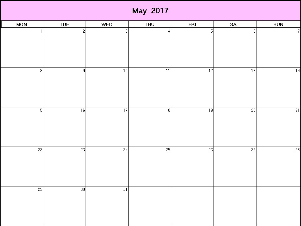 printable blank calendar image for May 2017
