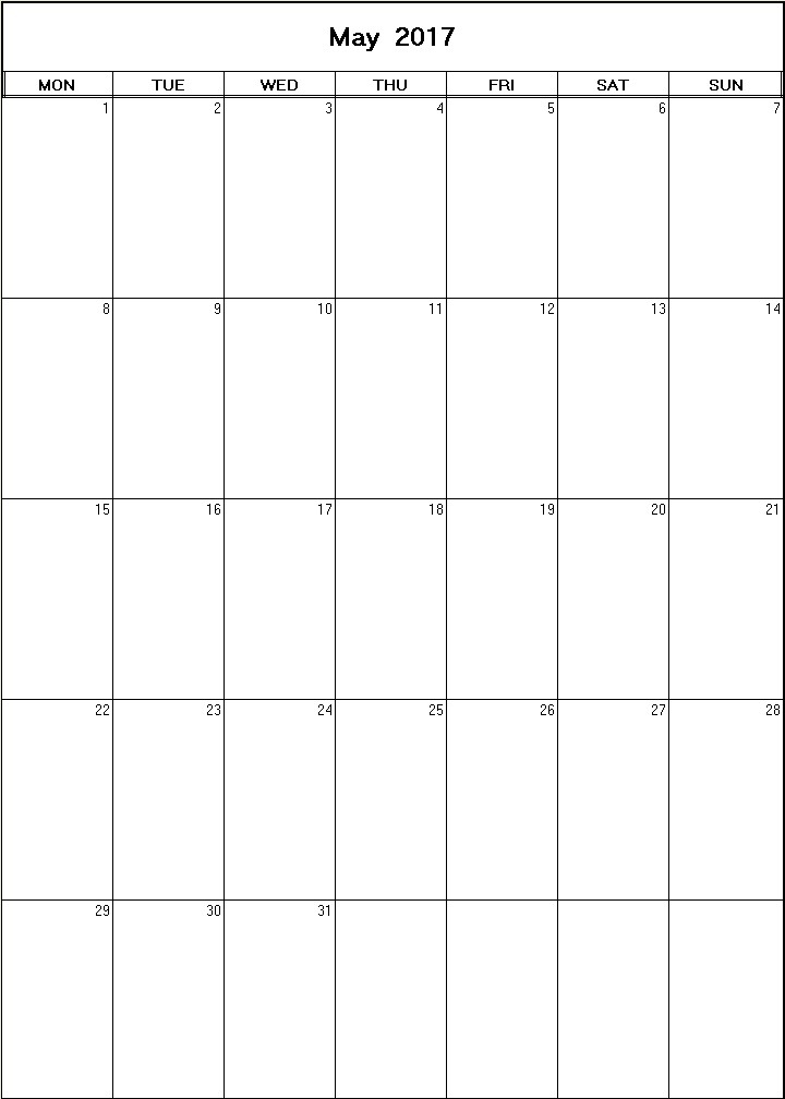 printable blank calendar image for May 2017