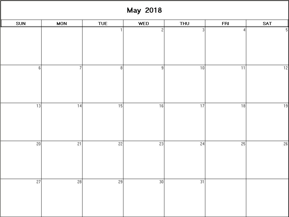 printable blank calendar image for May 2018
