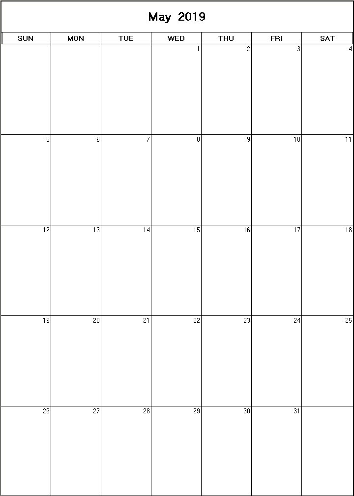 printable blank calendar image for May 2019
