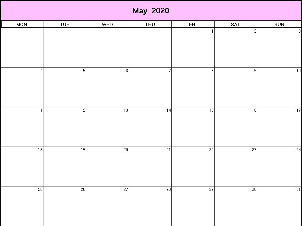 printable blank calendar image for May 2020