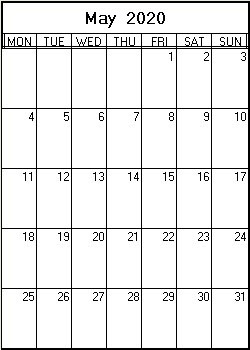 printable blank calendar image for May 2020